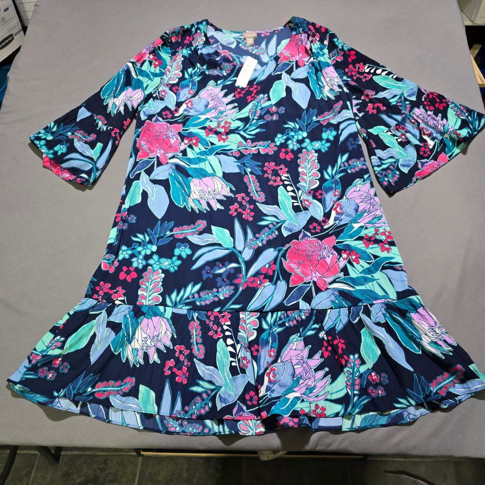 Chico's‎ Flutter Sleeve Dress Womens 4 2XL Midnight  Floral Brilliant Blooms NEW